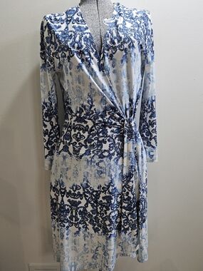 BCBGMaxAzria Blue and White Midi Wrap Dress